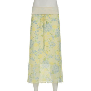 Flower print ruffle self tie maxi skirt