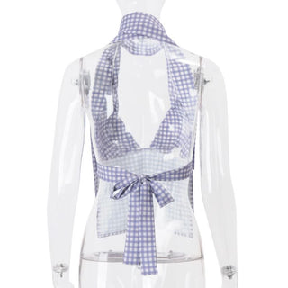 Halter plaid knotted backless top
