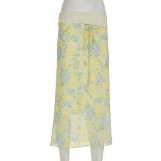 Flower print ruffle self tie maxi skirt