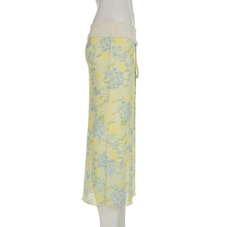 Flower print ruffle self tie maxi skirt