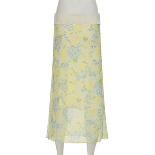 Flower print ruffle self tie maxi skirt