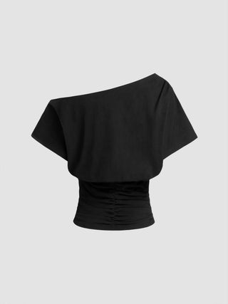 Cotton-blend Asymmetrical Neck Ruched Tee