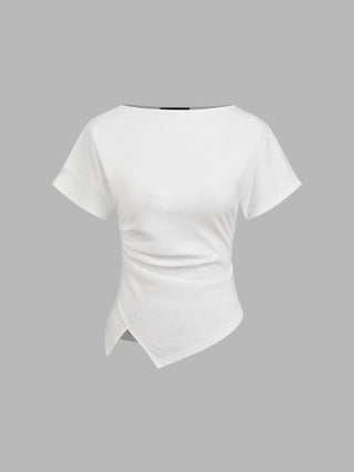 Cotton-blend Boat Neck Ruched Asymmetrical Hem Tee