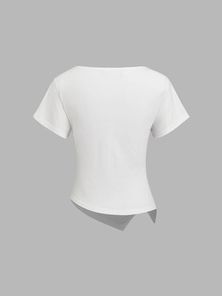 Cotton-blend Boat Neck Ruched Asymmetrical Hem Tee