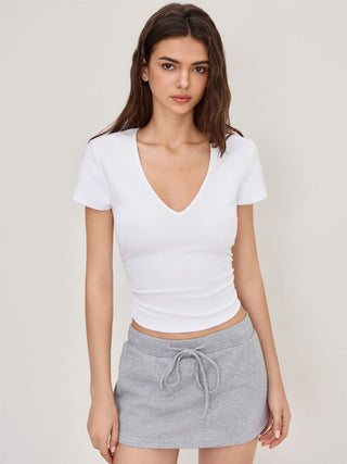 Cotton-blend V-neck Ruched Short Sleeve Tee