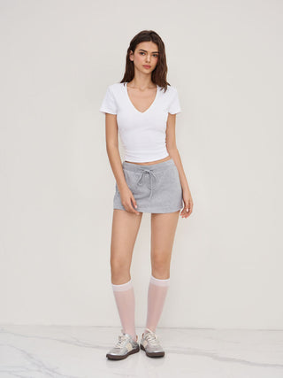 Cotton-blend V-neck Ruched Short Sleeve Tee