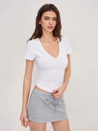 Cotton-blend V-neck Ruched Short Sleeve Tee