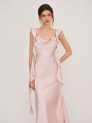 Satin Cowl Neck Solid Ruffle Hem Maxi Dress