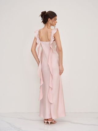 Satin Cowl Neck Solid Ruffle Hem Maxi Dress