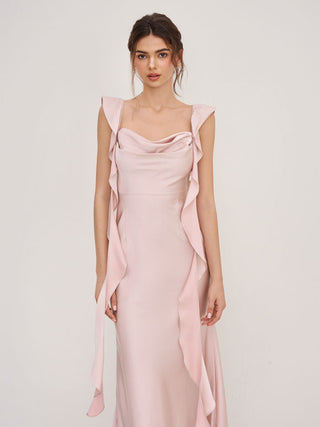 Satin Cowl Neck Solid Ruffle Hem Maxi Dress
