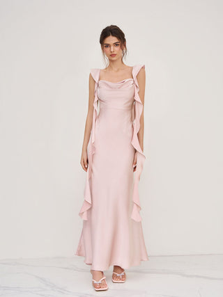 Satin Cowl Neck Solid Ruffle Hem Maxi Dress