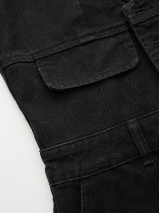Denim V-neck Button Pocket Wide Leg Jumpsuit