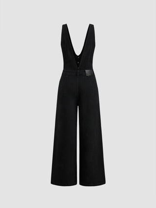 Denim V-neck Button Pocket Wide Leg Jumpsuit