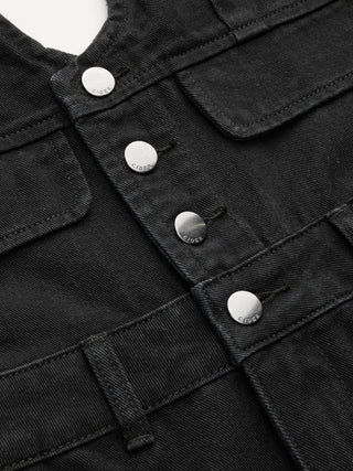 Denim V-neck Button Pocket Wide Leg Jumpsuit