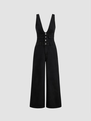Denim V-neck Button Pocket Wide Leg Jumpsuit