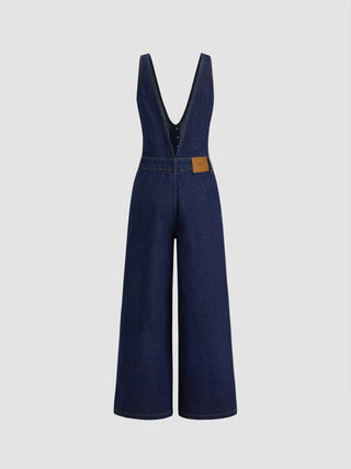 Denim V-neck Button Pocket Wide Leg Jumpsuit