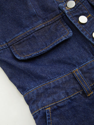Denim V-neck Button Pocket Wide Leg Jumpsuit