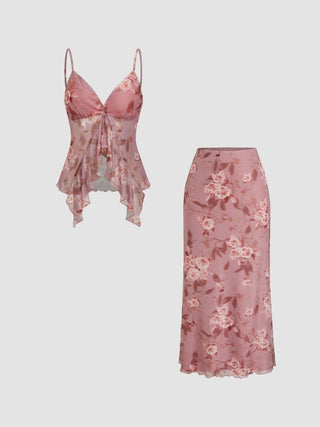 Mesh V-neck Floral Ruffle Cami Top & Mid Rise Maxi Skirt Set For Music Festival/Live House Vacation