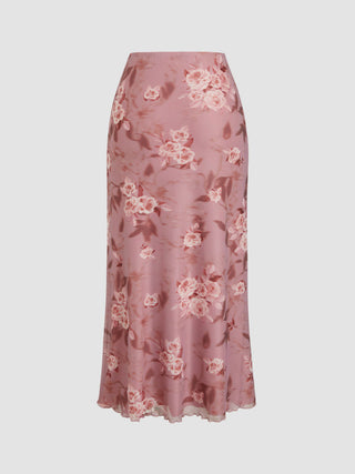 Mesh V-neck Floral Ruffle Cami Top & Mid Rise Maxi Skirt Set For Music Festival/Live House Vacation