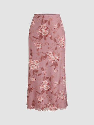 Mesh V-neck Floral Ruffle Cami Top & Mid Rise Maxi Skirt Set For Music Festival/Live House Vacation