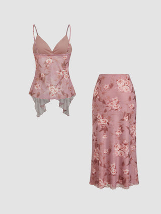 Mesh V-neck Floral Ruffle Cami Top & Mid Rise Maxi Skirt Set For Music Festival/Live House Vacation