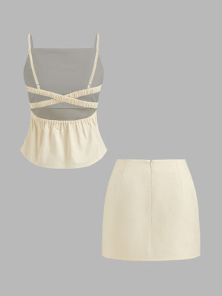 Linen-blend Ruched Criss Cross Backless Cami Top With Mini Skirt Set