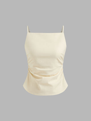 Linen-blend Ruched Criss Cross Backless Cami Top With Mini Skirt Set
