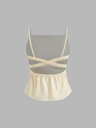 Linen-blend Ruched Criss Cross Backless Cami Top With Mini Skirt Set