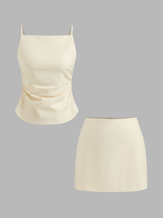 Linen-blend Ruched Criss Cross Backless Cami Top With Mini Skirt Set