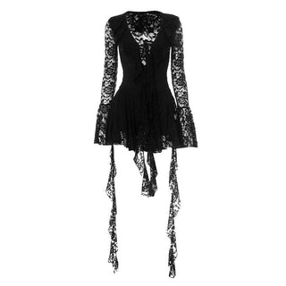 Long flared sleeve lace self tie mini dress