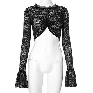 Long flared sleeve lace ruched crop top