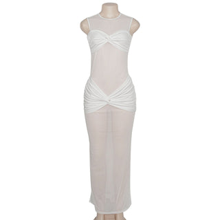 Crewneck sleeveless mesh patchwork ruched maxi dress