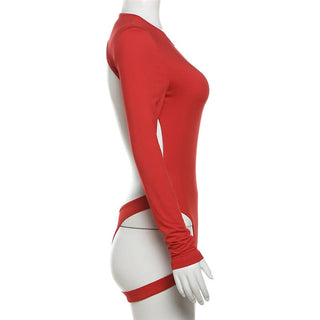 Long sleeve crewneck backless hollow out bodysuit