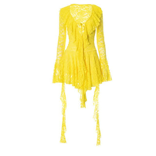 Long flared sleeve lace self tie mini dress