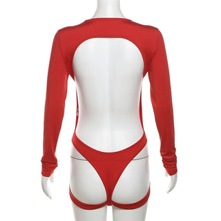 Long sleeve crewneck backless hollow out bodysuit