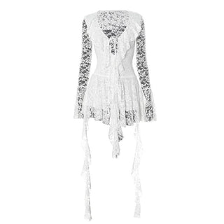 Long flared sleeve lace self tie mini dress