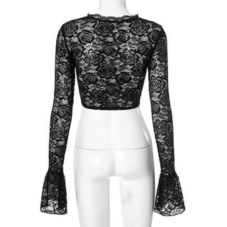 Long flared sleeve lace ruched crop top