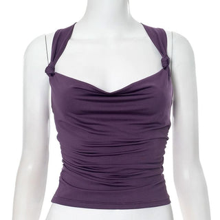Cowl neck knotted ruched backless top