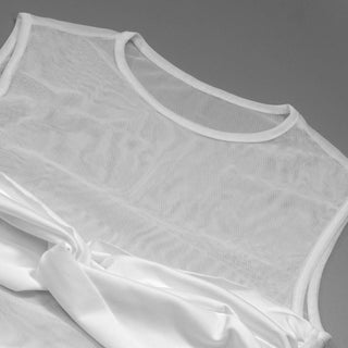 Crewneck sleeveless mesh patchwork ruched maxi dress