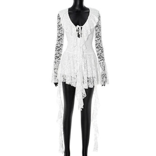 Long flared sleeve lace self tie mini dress