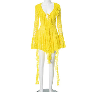 Long flared sleeve lace self tie mini dress