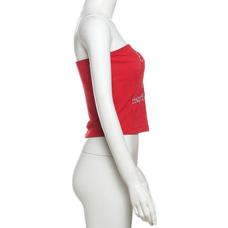 Letter embroidery backless tube top