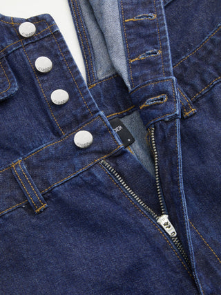 Denim V-neck Button Pocket Wide Leg Jumpsuit