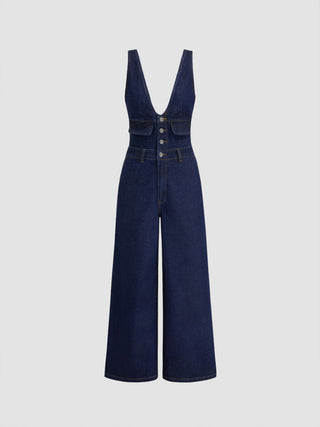 Denim V-neck Button Pocket Wide Leg Jumpsuit