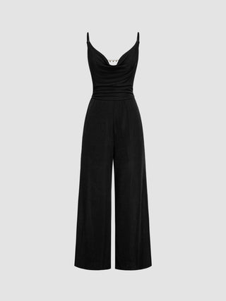Cowl Neck Metal Chain Backlesss Ruched Wide Leg Jumpsuit