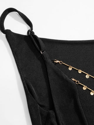 Cowl Neck Metal Chain Backlesss Ruched Wide Leg Jumpsuit