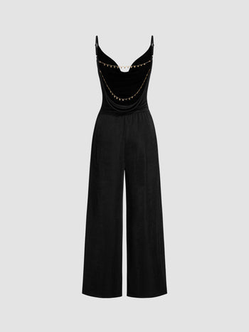 Cowl Neck Metal Chain Backlesss Ruched Wide Leg Jumpsuit