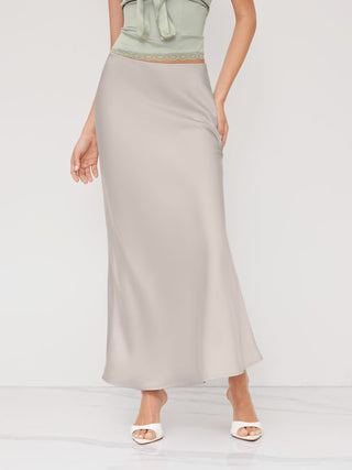 Satin Mid Rise Ruffle Bias Maxi Skirt
