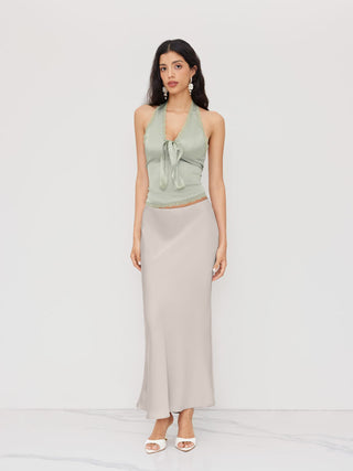 Satin Mid Rise Ruffle Bias Maxi Skirt