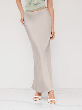 Satin Mid Rise Ruffle Bias Maxi Skirt